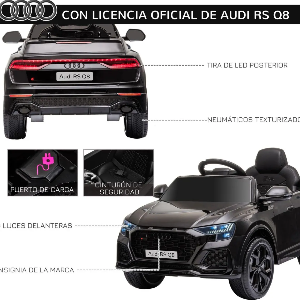 Coche eléctrico infantil Audi RS Q8 Homcom con mando a distancia negro 51x101x62 cm