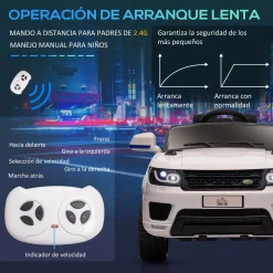 Coche eléctrico infantil Premium Homcom control remoto + bluetooth + luces led blanco 52x68x110 cm