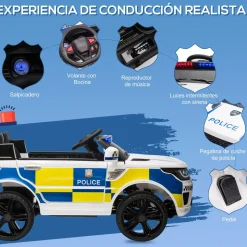 Coche eléctrico Police Homcom con mando a distancia + luz LED + sirena blanco 52x110x68 cm