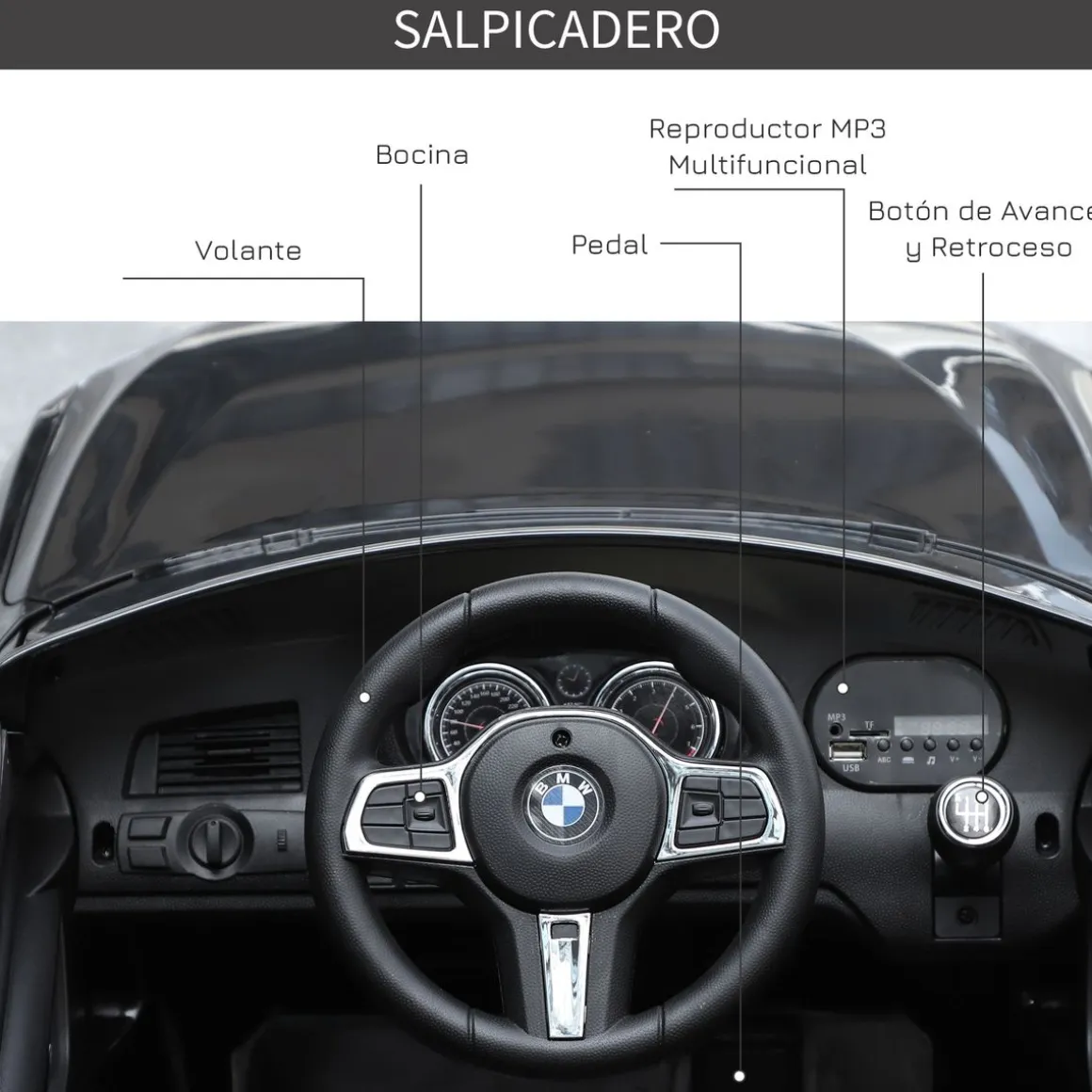 Cochecito eléctrico BMW 6GT Homcom infantil con luces + sonidos +3A negro 51x106x64 cm