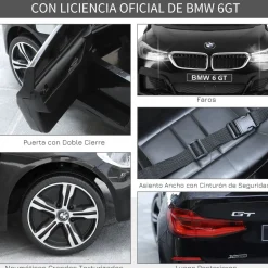 Cochecito eléctrico BMW 6GT Homcom infantil con luces + sonidos +3A negro 51x106x64 cm