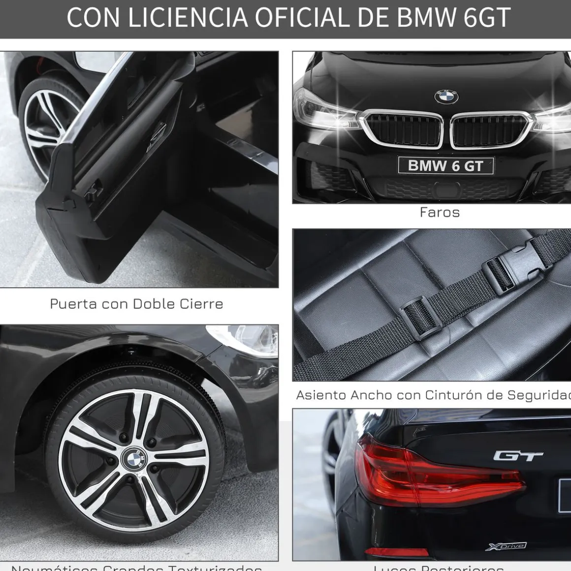 Cochecito eléctrico BMW 6GT Homcom infantil con luces + sonidos +3A negro 51x106x64 cm