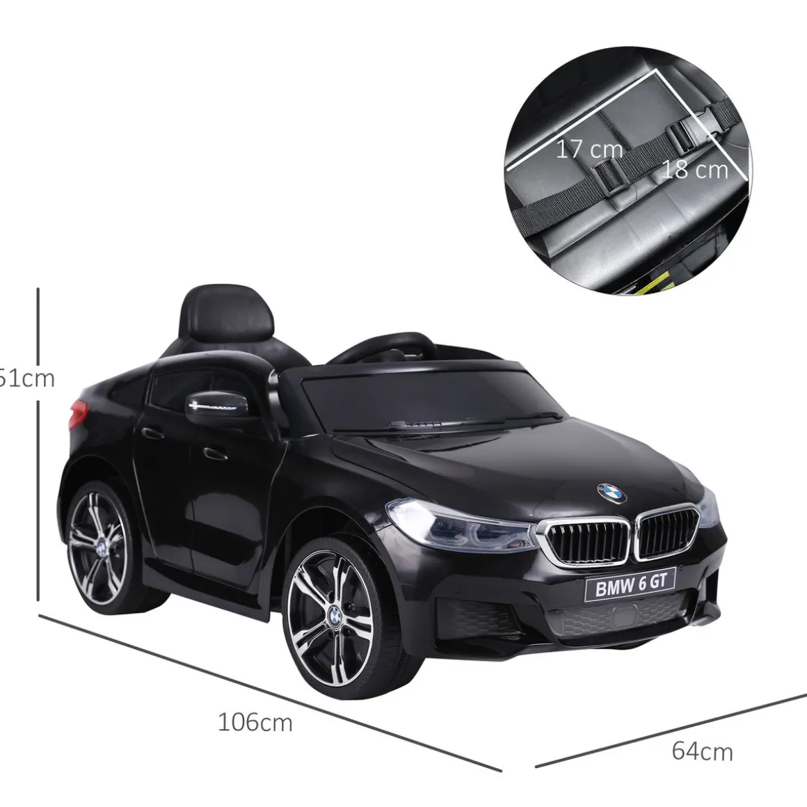 Cochecito eléctrico BMW 6GT Homcom infantil con luces + sonidos +3A negro 51x106x64 cm