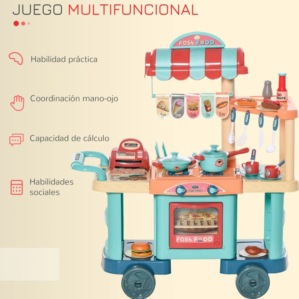 Cocina de juguete Burguer carrito + caja registradora multicolor 90,5x79,5x33 cm
