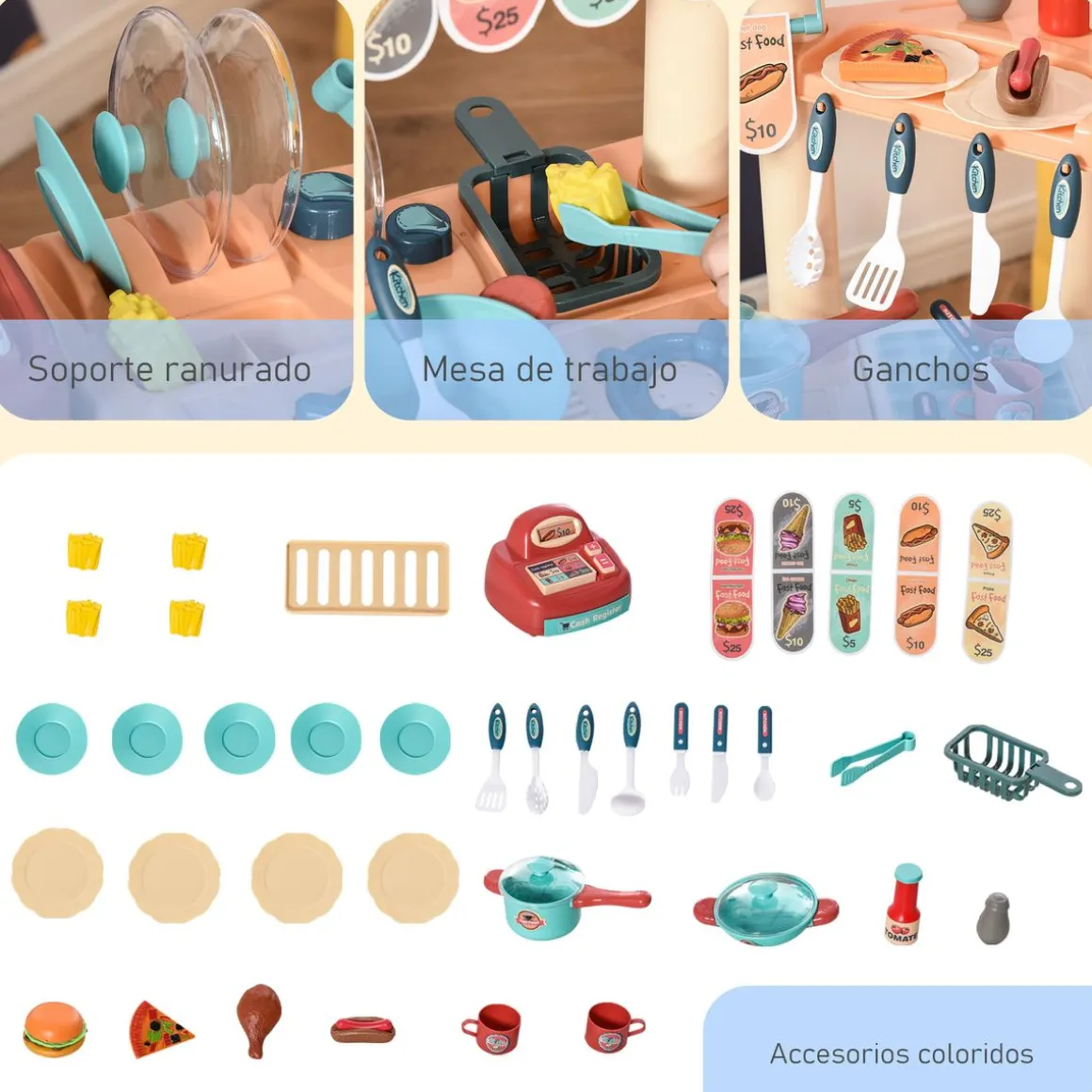 Cocina de juguete Burguer carrito + caja registradora multicolor 90,5x79,5x33 cm