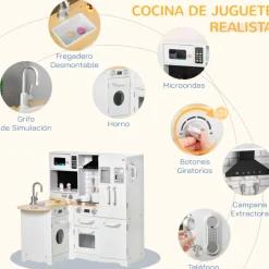 Cocina infantil Homcom con accesorios +3A blanco 87x82x65 cm