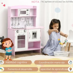 Cocina infantil Homcom con luz y sonidos +3A rosa 90x70x29 cm