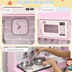 Cocina infantil Homcom con luz y sonidos +3A rosa 90x70x29 cm