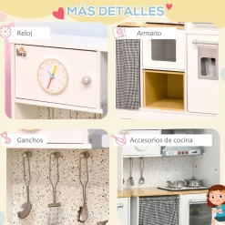 Cocina infantil Homcom con luces y sonido + accesorios +3A blanco/natural
