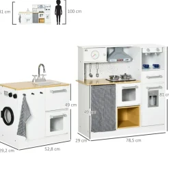 Cocina infantil Homcom con luces y sonido + accesorios +3A blanco/natural