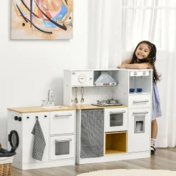 Cocina infantil Homcom con luces y sonido + accesorios +3A blanco/natural