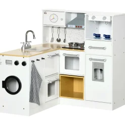 Cocina infantil Homcom con luces y sonido + accesorios +3A blanco/natural