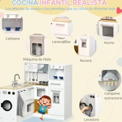 Cocina infantil Homcom con luces y sonido + accesorios +3A blanco/natural