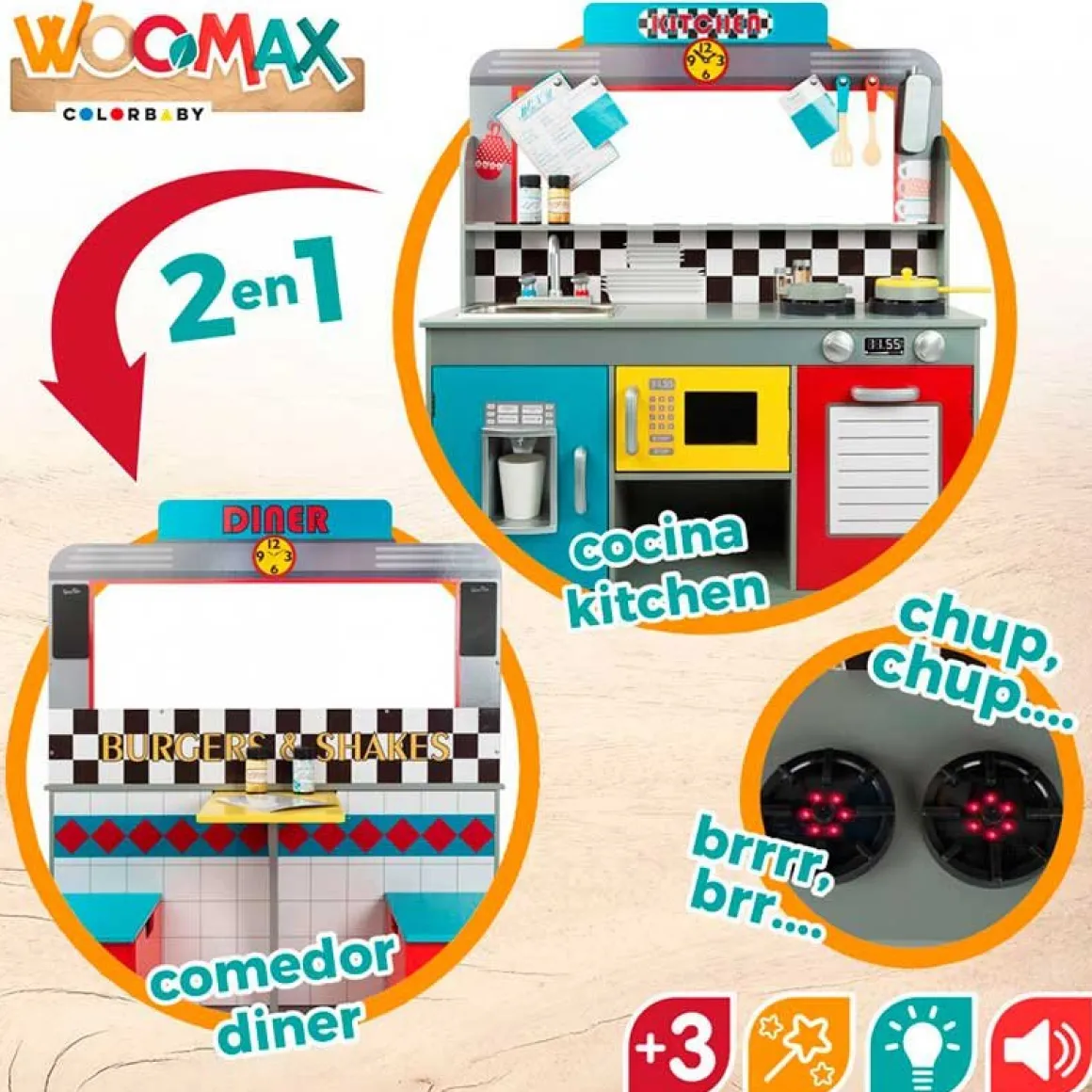 Cocina y comedor de juguete Woomax 14 accesorios luces y sonidos +3A multicolor 104x96x58 cm