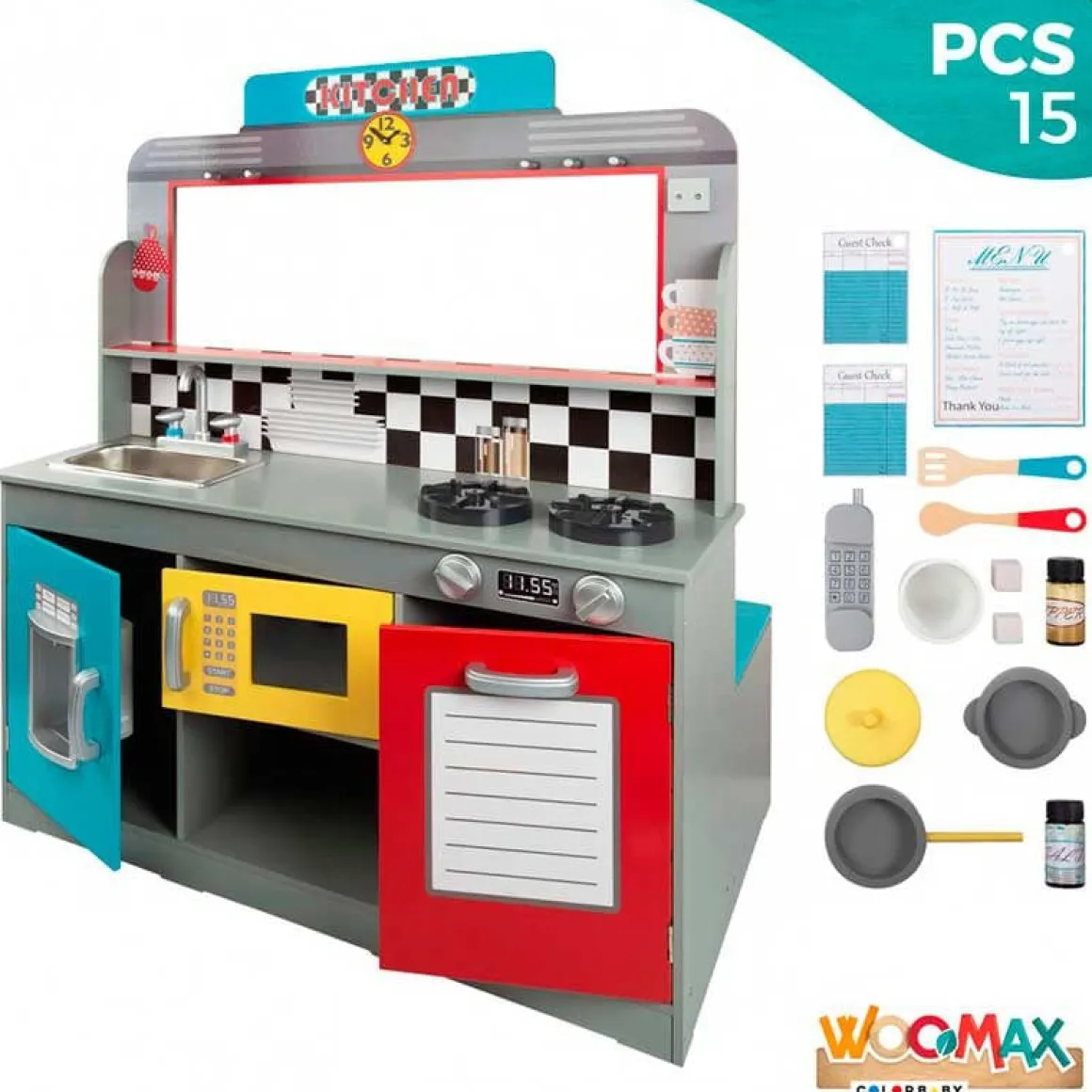 Cocina y comedor de juguete Woomax 14 accesorios luces y sonidos +3A multicolor 104x96x58 cm