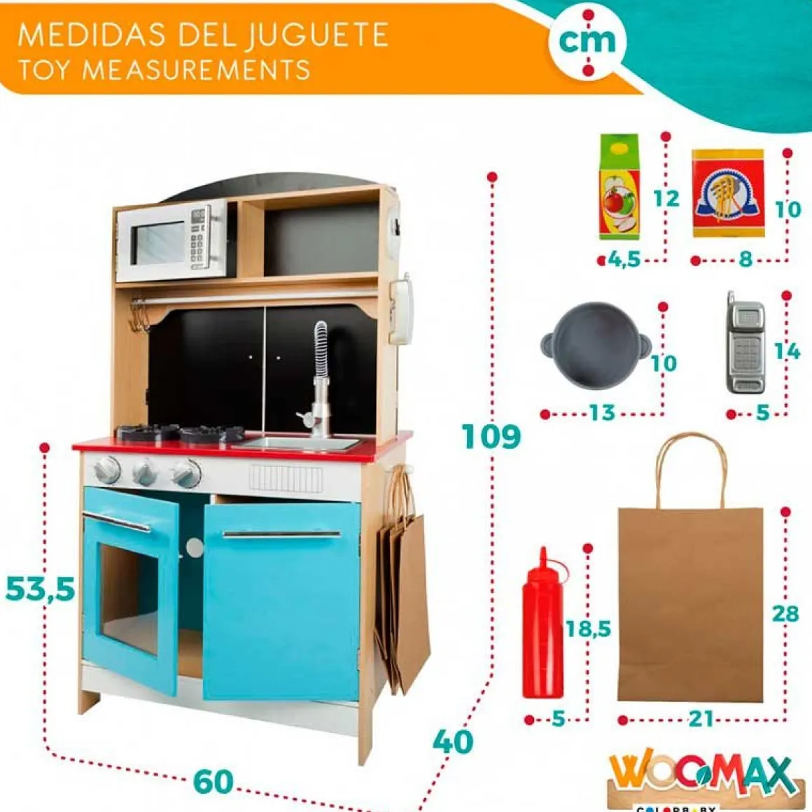 Cocinita 4 en 1 Woomax 25 accesorios +3A multicolor 109x60x40 cm