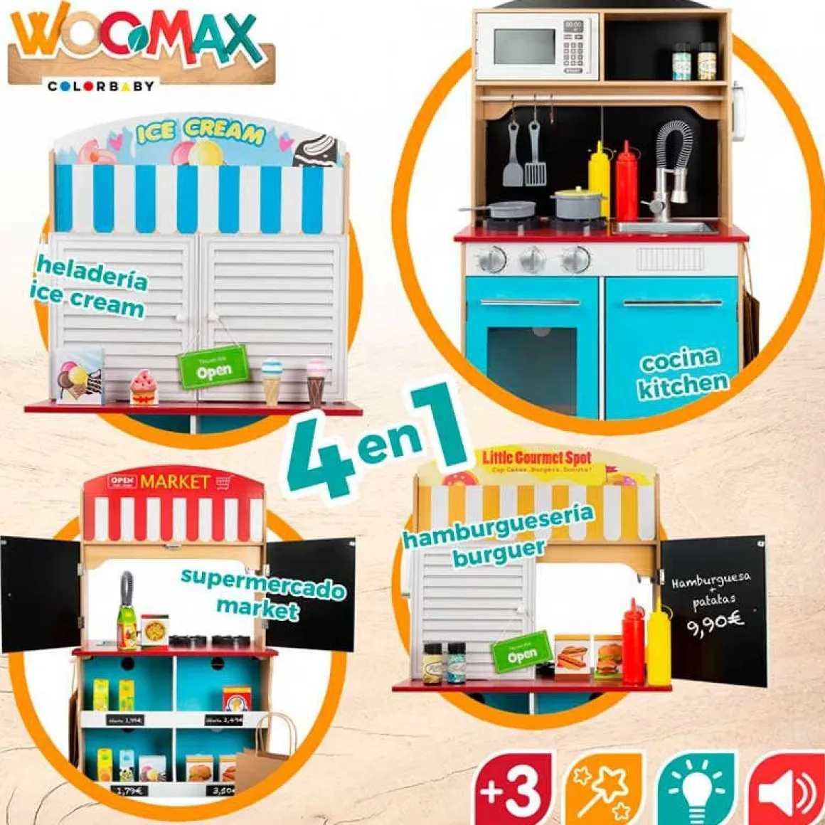 Cocinita 4 en 1 Woomax 25 accesorios +3A multicolor 109x60x40 cm