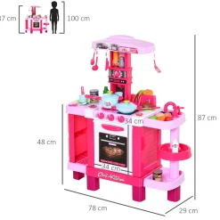 Cocinita de juguete Baby Homcom 38 accesorios +3A rosa 87x78x29 cm