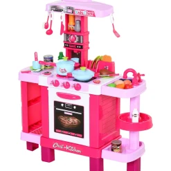 Cocinita de juguete Baby Homcom 38 accesorios +3A rosa 87x78x29 cm