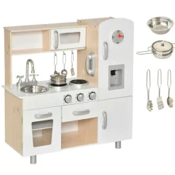 Cocinita infantil Homcom con sonidos+accesorios +3A blanco/madera 82x77x30 cm