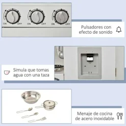 Cocinita infantil Homcom con sonidos+accesorios +3A blanco/madera 82x77x30 cm