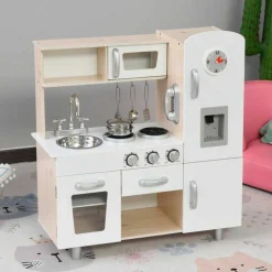 Cocinita infantil Homcom con sonidos+accesorios +3A blanco/madera 82x77x30 cm