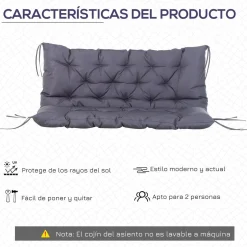 Cojín para asiento Outsunny 2 plazas con 6 cordones gris oscuro 10x132x110 cm