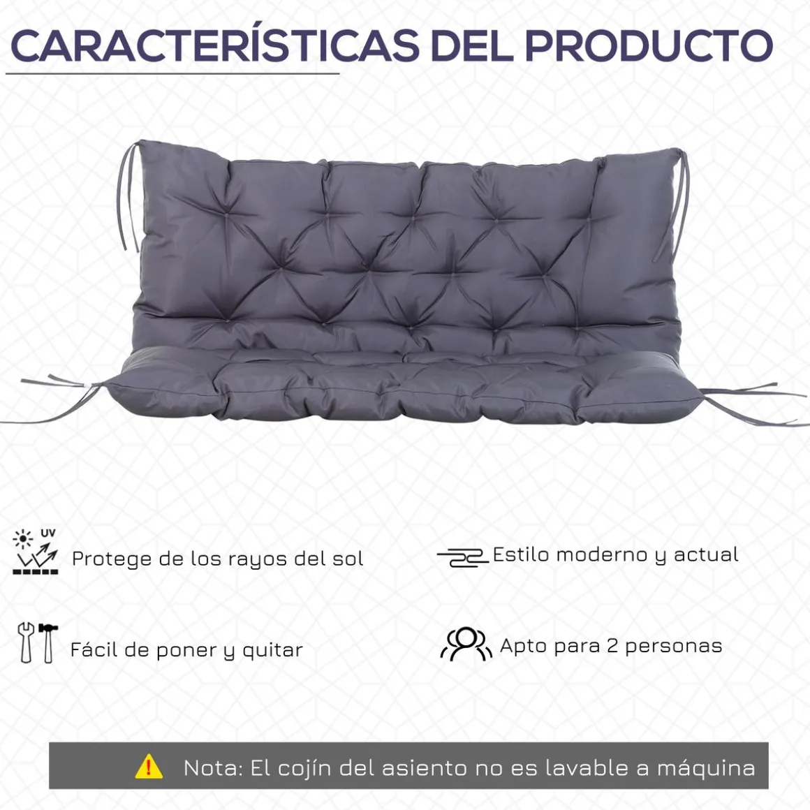Cojín para asiento Outsunny 2 plazas con 6 cordones gris oscuro 10x132x110 cm