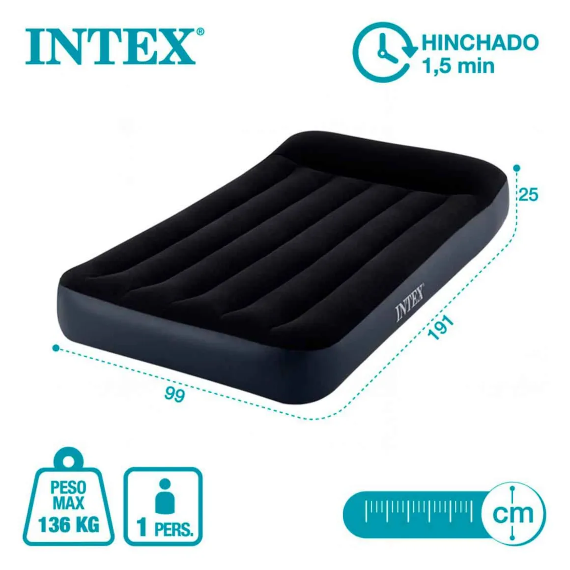 Colchón hinchable Dura-Beam Standard Pillow Rest Classic con bomba negro 25x99x191 cm