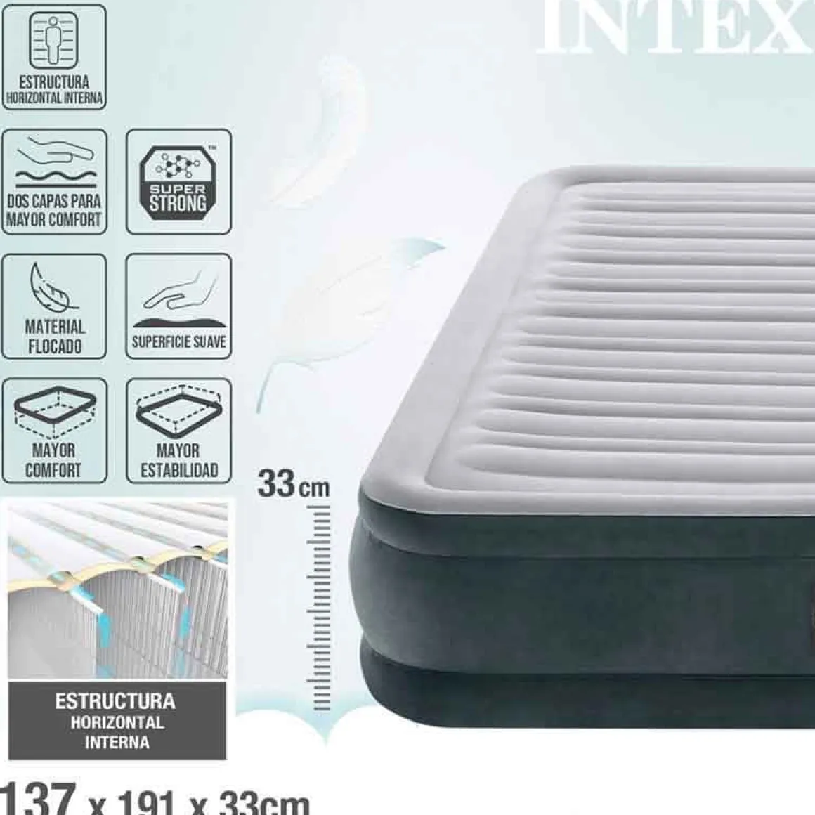 Colchón hinchable Intex 2 usuarios con bomba integrada gris 33x137x191 cm