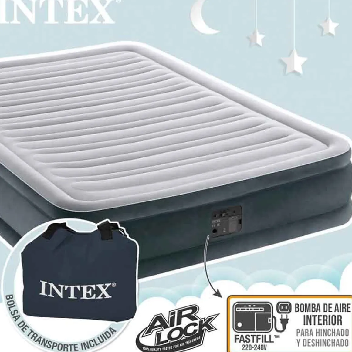 Colchón hinchable Intex 2 usuarios con bomba integrada gris 33x137x191 cm