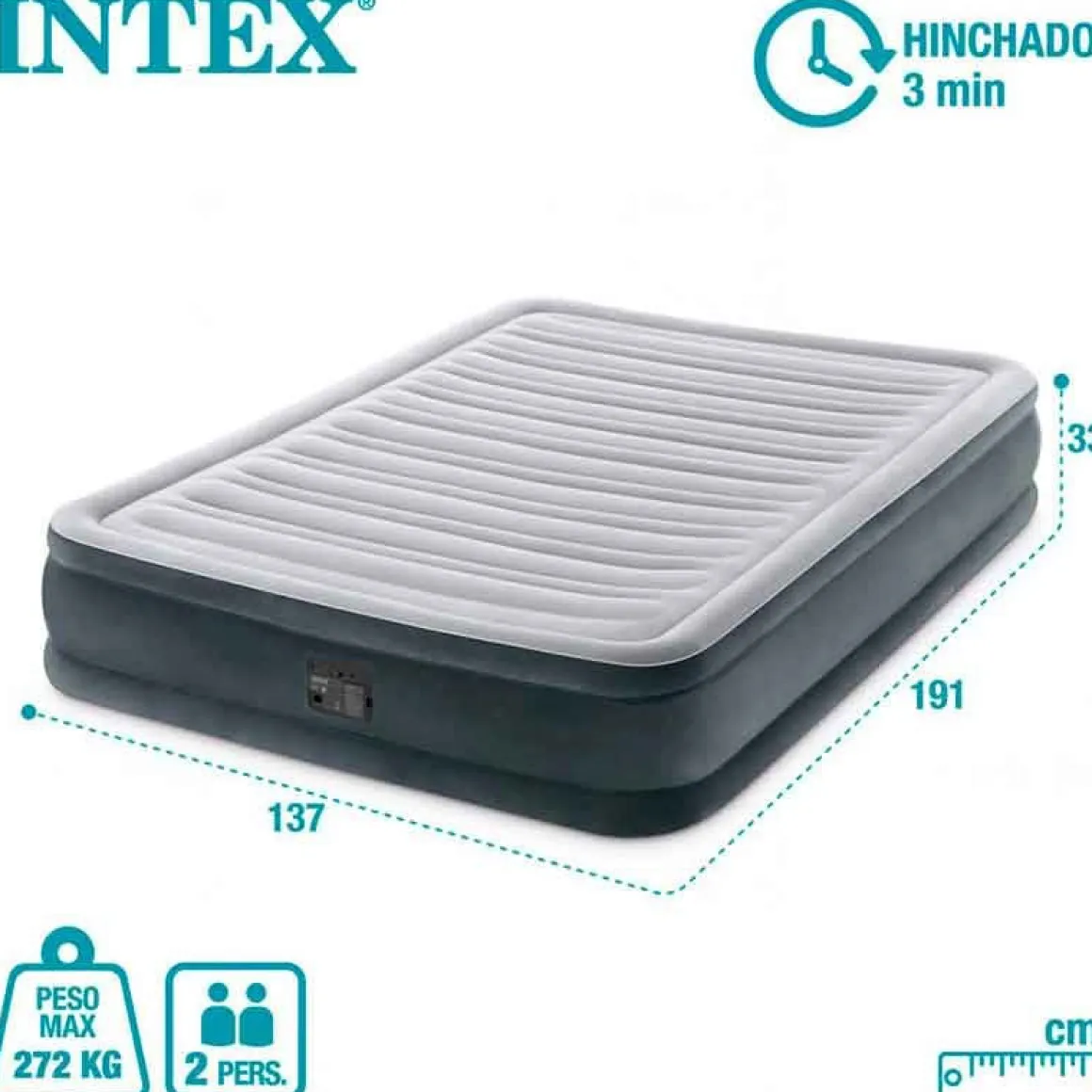 Colchón hinchable Intex 2 usuarios con bomba integrada gris 33x137x191 cm