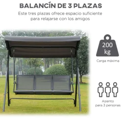 Columpio balancín Torre Outsunny 3 plazas toldo ajustable gris 159x175x118 cm