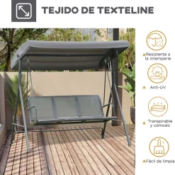 Columpio balancín Torre Outsunny 3 plazas toldo ajustable gris 159x175x118 cm