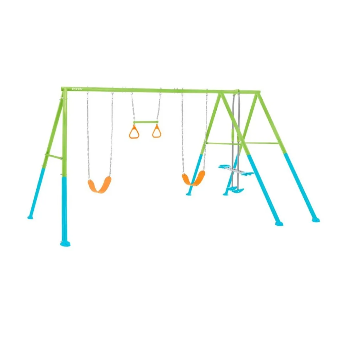 Columpio doble infantil Intex con balancín + barra de trapecio + anillas azul/verde 211x467x254 cm