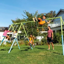 Columpio doble infantil Intex con balancín + barra de trapecio + anillas azul/verde 211x467x254 cm