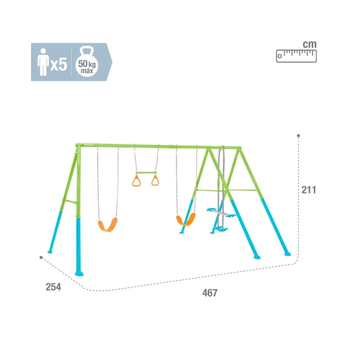 Columpio doble infantil Intex con balancín + barra de trapecio + anillas azul/verde 211x467x254 cm