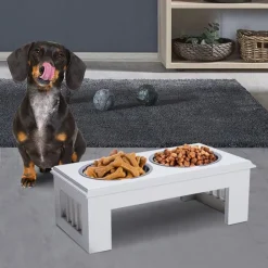 Comedero elevado para perros PawHut 2 cuencos extraíbles de acero inox blanco 15x44x24 cm
