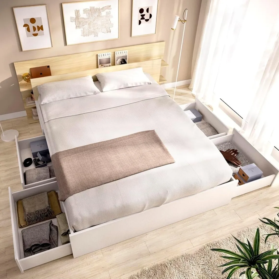 Composición de dormitorio Tori cabecero y estructura de cama con 4 cajones blanco/natural 73x181,2x216,4 cm