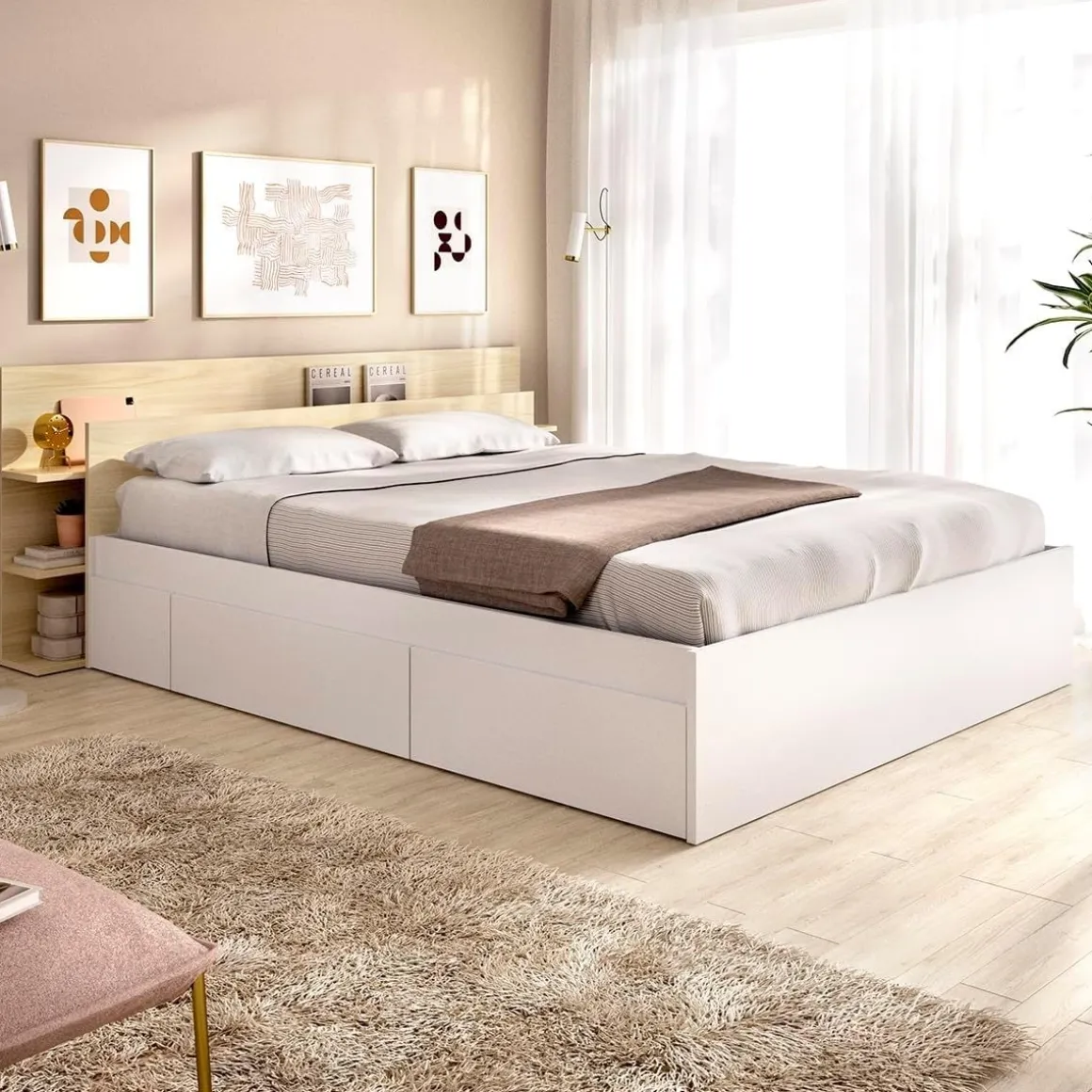 Composición de dormitorio Tori cabecero y estructura de cama con 4 cajones blanco/natural 73x181,2x216,4 cm