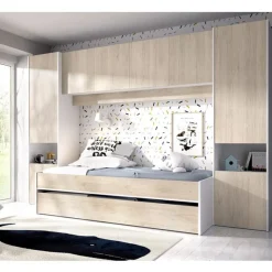 Composición de dormitorio Kwai 2 camas con 6 armarios y 2 compartimentos blanco/natural