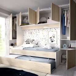 Composición de dormitorio Kwai 2 camas con 6 armarios y 2 compartimentos blanco/natural