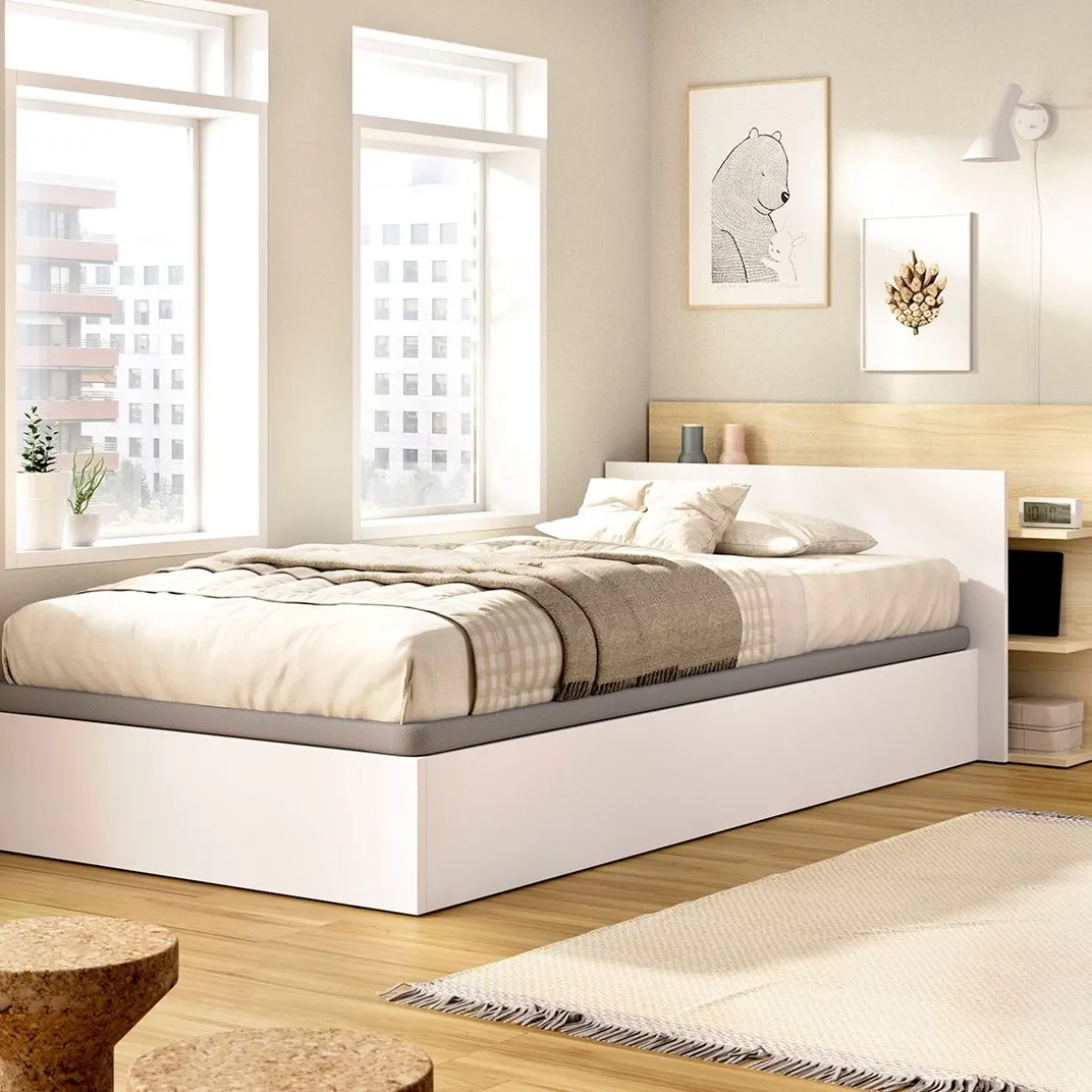 Composición de dormitorio Pack Tori cabecero y canapé abatible blanco/natural 73x108,2x213,4 cm