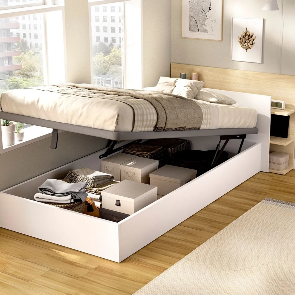 Composición de dormitorio Pack Tori cabecero y canapé abatible blanco/natural 73x108,2x213,4 cm