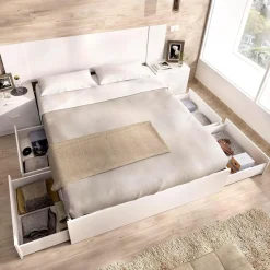 Composición de dormitorio Pack Len cabecero + estructura cama + 2 mesitas de noche blanco 96x251x196,4 cm