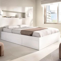 Composición de dormitorio Pack Len cabecero + estructura cama + 2 mesitas de noche blanco 96x251x196,4 cm