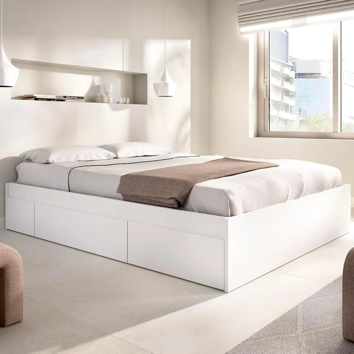 Composición de dormitorio Pack Len cabecero + estructura cama + 2 mesitas de noche blanco 96x251x196,4 cm