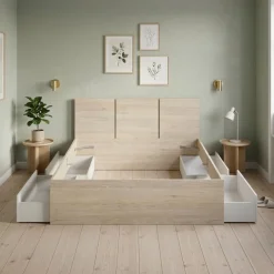 Composición de dormitorio Havana cabecero con canapé 4 cajones blanco/natural 96x160x205,4 cm