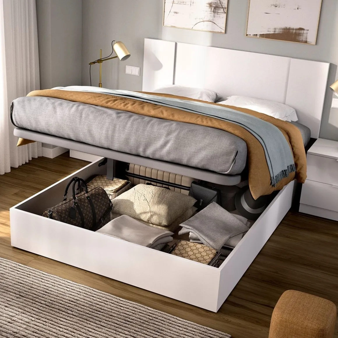 Composición de dormitorio Pack Flow cabecero con mesitas y canapé blanco 96x240,8x190 cm