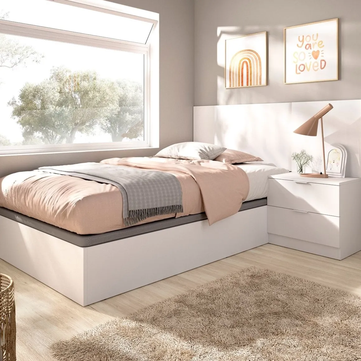 Composición de dormitorio Pack Flow cabecero con mesita y canapé abatible blanco 96x141x190 cm